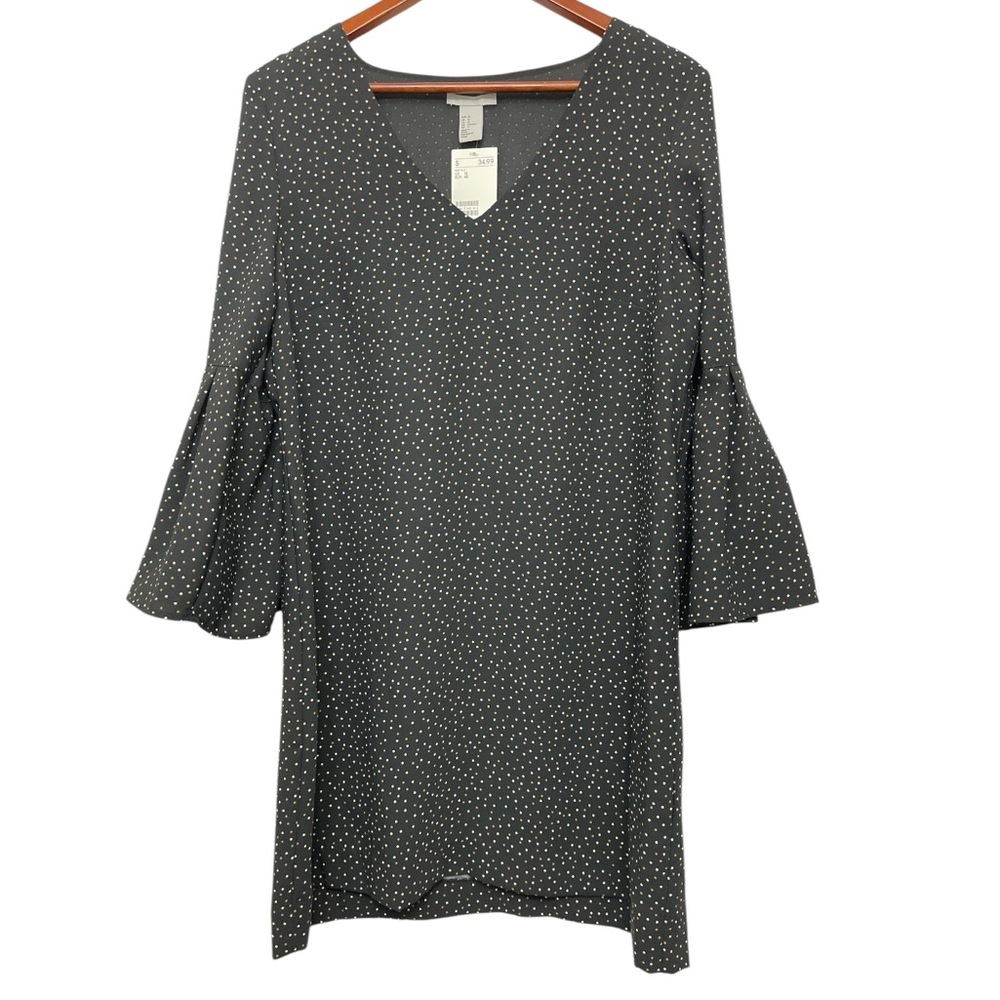 NWT H&M ($34.99 USD) Black Polka Dot Print W/ Ruffled Bell 3/4 Sleeves MiniDress